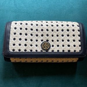 Tory Burch Tory Navy Blue & White Basket Weave Clutch
